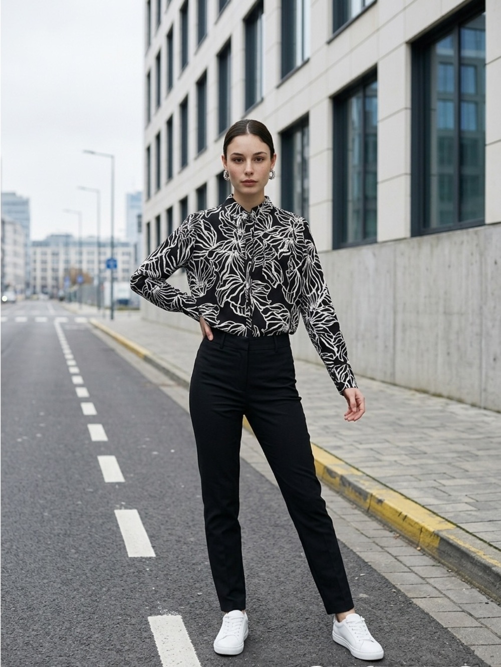 Nine West Black and White Floral-Print Button Down Shirt